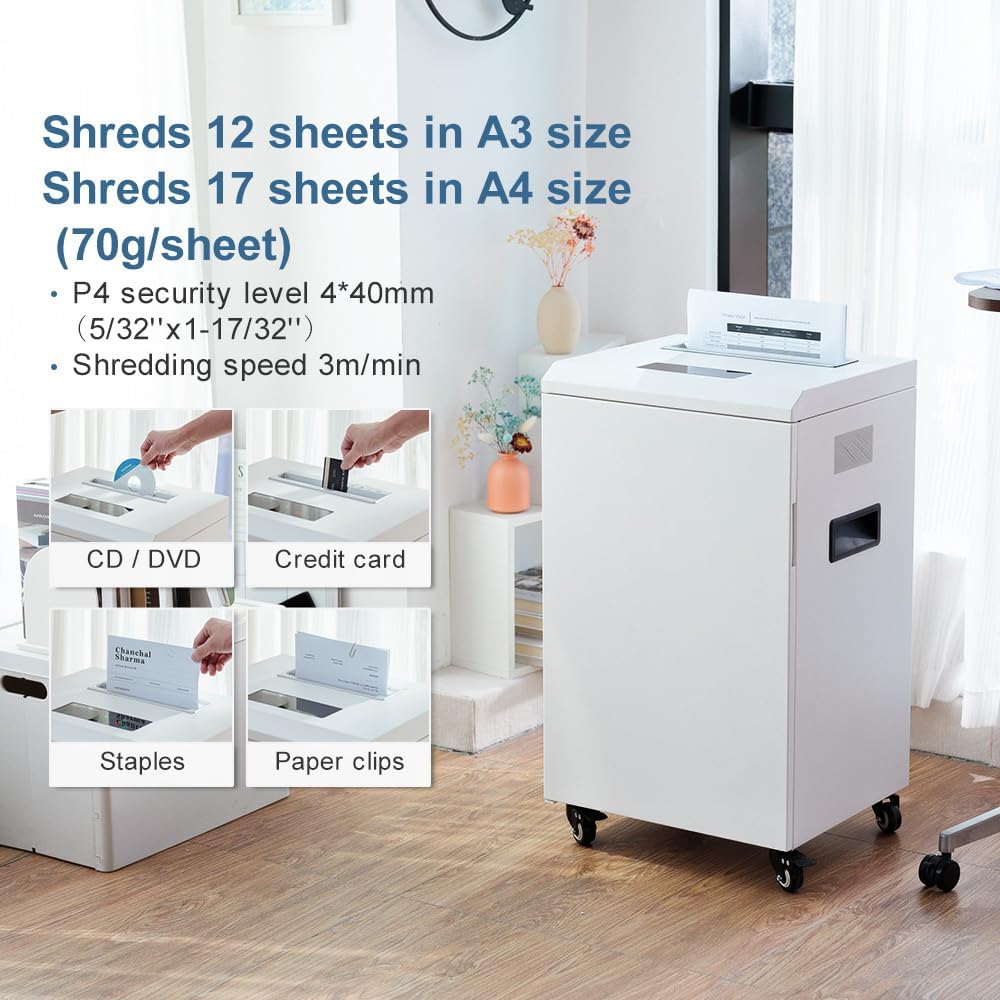 Commercial Office Paper Shredder: A3 Size Non-stop Cross Cut Shredder, 12-17 Sheet Capacity Industrial Shredder with 16 Gal Bin&P4 Level Security, Shred Staple/Paper Clips/Credit Card/CD/DVD