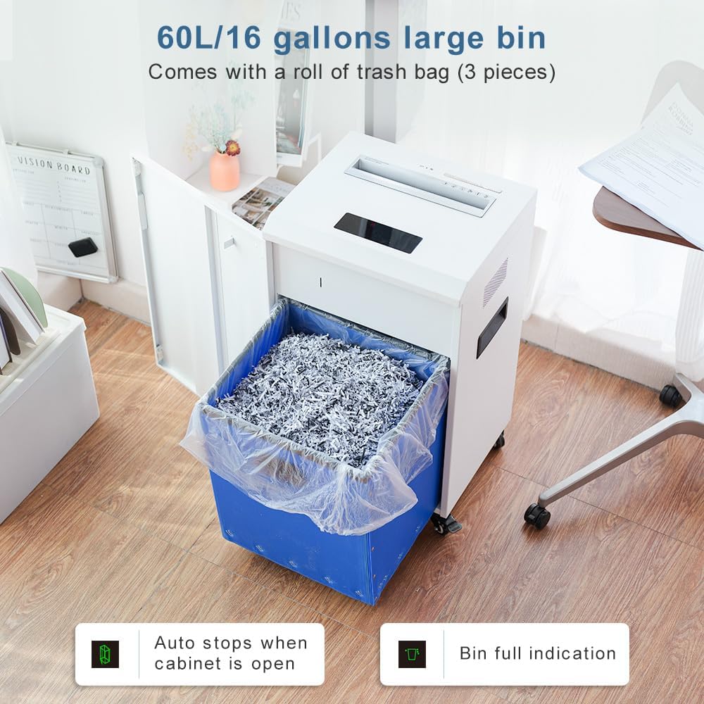 Commercial Office Paper Shredder: A3 Size Non-stop Cross Cut Shredder, 12-17 Sheet Capacity Industrial Shredder with 16 Gal Bin&P4 Level Security, Shred Staple/Paper Clips/Credit Card/CD/DVD