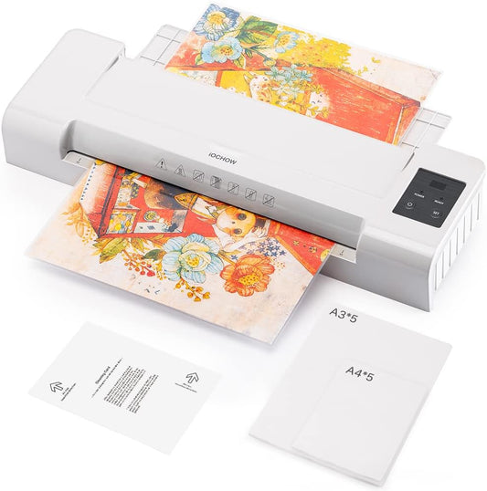 iOCHOW A3 Laminator: Portable Jamless 1min Fast Warming 70-150 mic 400mm/min Laminating Machine with Thermal and Cold Adjustment Includes 10 Pouches for Office Home