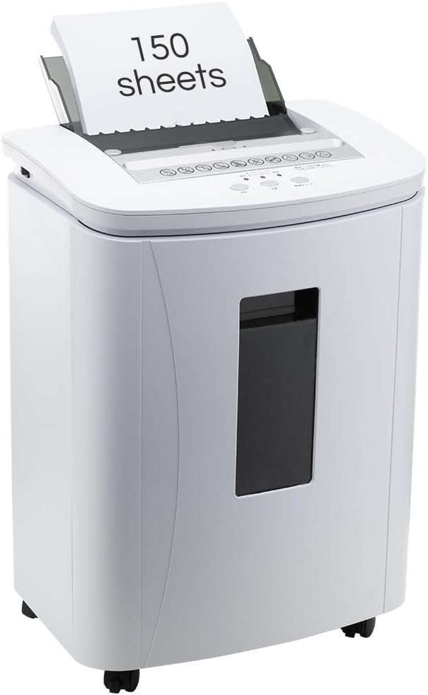 150-Sheet Auto Feed Paper Shredder: High Security Micro Cut Shredders for Home Office, 30 Minutes Commercial Heavy Duty Shredder with 4 Casters, P-4 Security Level & 6.6 Gallon Pull-Out Bin