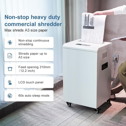 Commercial Office Paper Shredder: A3 Size Non-stop Cross Cut Shredder, 12-17 Sheet Capacity Industrial Shredder with 16 Gal Bin&P4 Level Security, Shred Staple/Paper Clips/Credit Card/CD/DVD