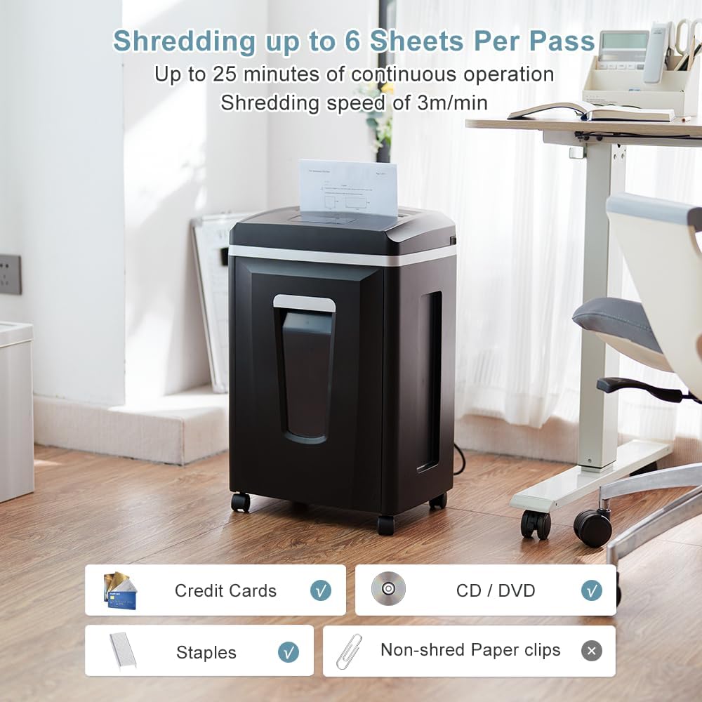 P7 High Security Paper Shredder: Heavy Duty 6-Sheet Shredder for Home Office, Micro Cut Commercial Shredder Shreds Credit Cards/Staples/CDs/DVDs, Runs for 25Min with 6-Gallon Bin, Black