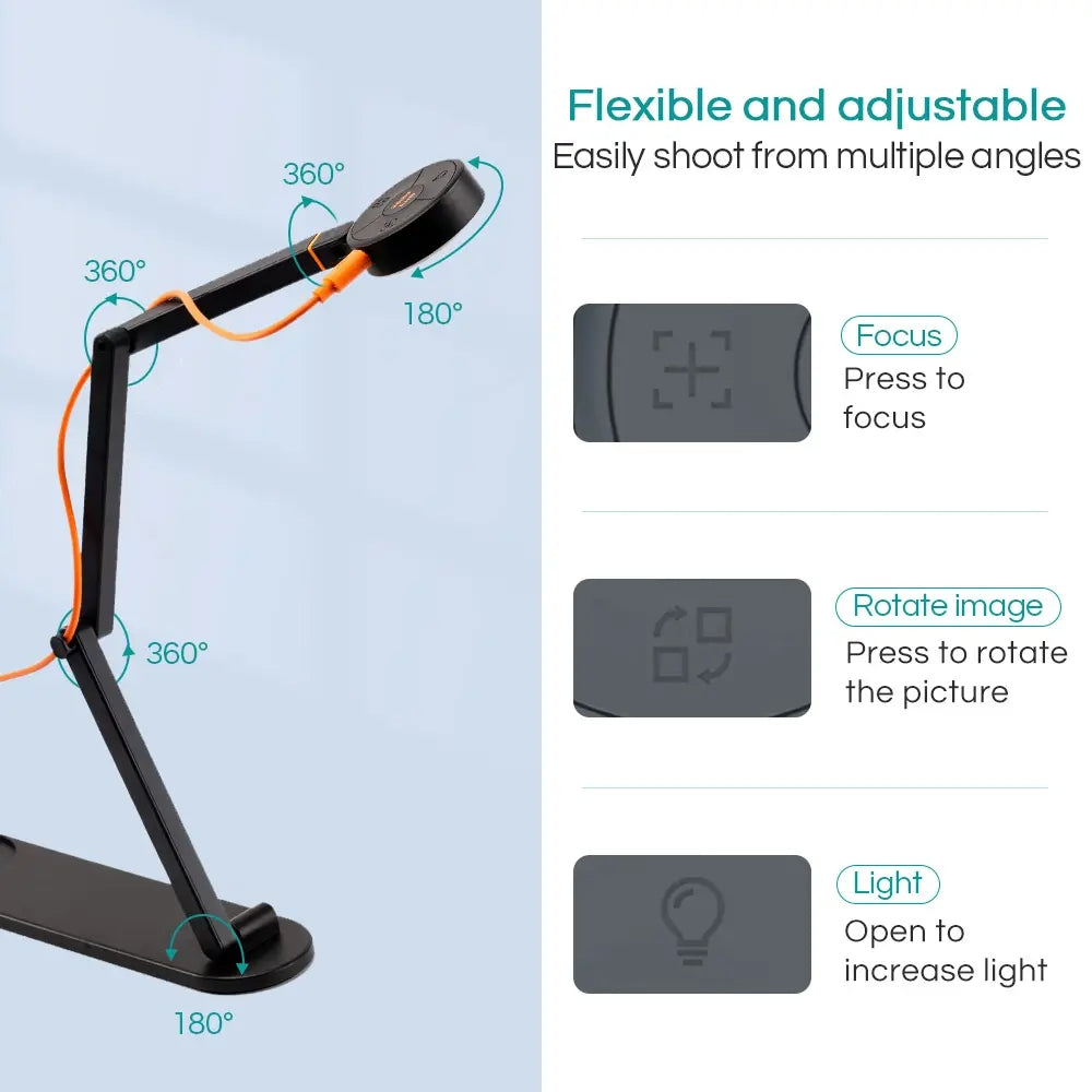 Portable autofocus 360-degree rotating camera document scanner for remote teaching video conferencing