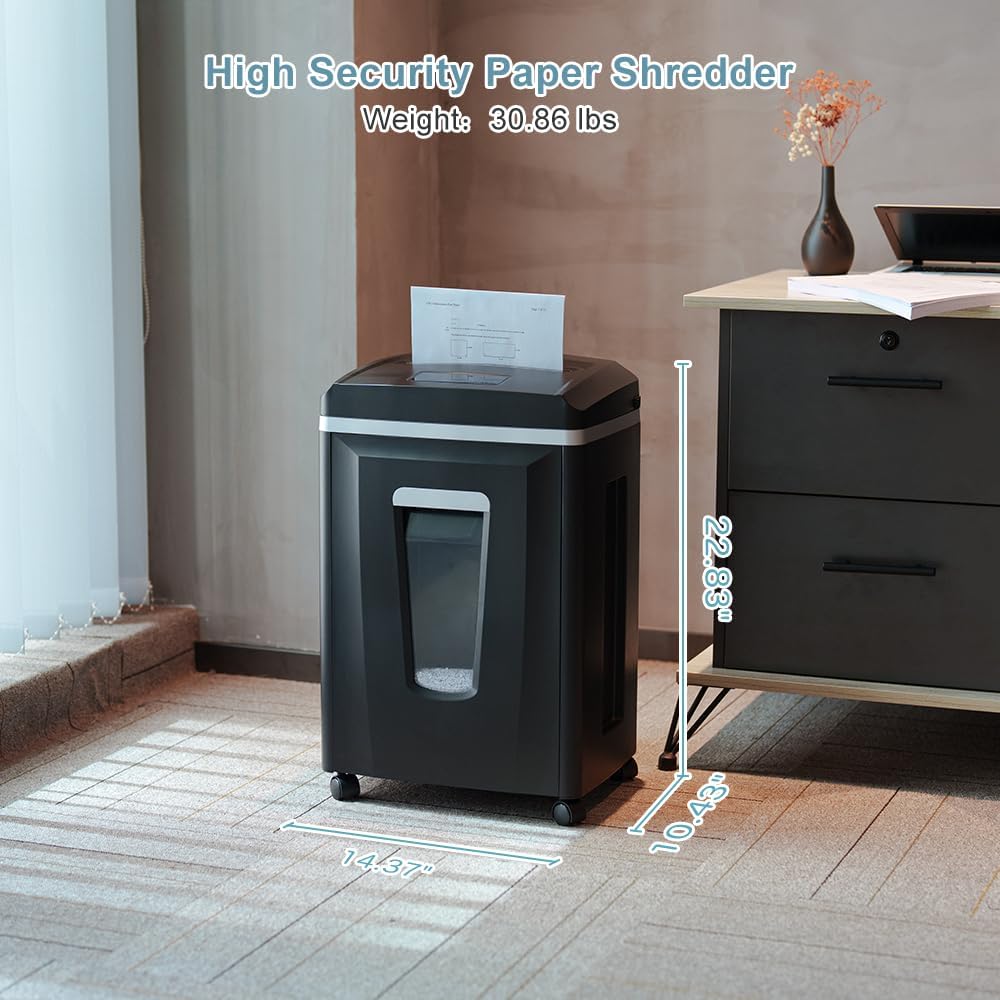 P7 High Security Paper Shredder: Heavy Duty 6-Sheet Shredder for Home Office, Micro Cut Commercial Shredder Shreds Credit Cards/Staples/CDs/DVDs, Runs for 25Min with 6-Gallon Bin, Black